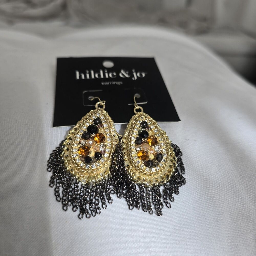 hildie & jo Tear Drop Earrings with Gold Tone and Beaded Fringe